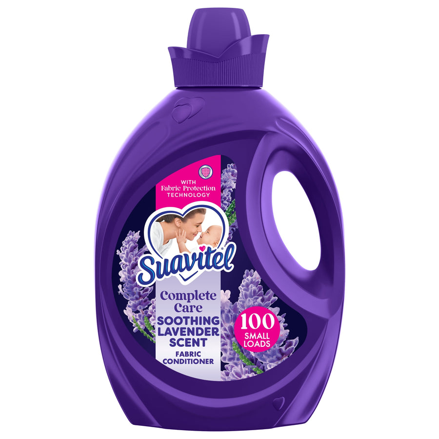 Purple Suavitel Complete Care fabric conditioner bottle with lavender label and handle on white background