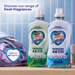 Two Suavitel Refresher bottles (green Floral Fresh and blue Ocean Fresh) displayed with folded laundry and headline about fresh fragrances.