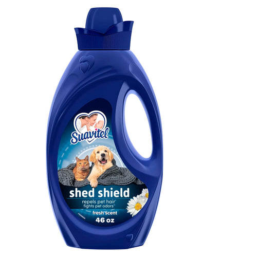 Blue Suavitel Shed Shield bottle with label showing a dog and cat, fresh scent 46 oz, on white background