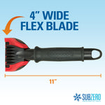 Top-down view of SubZero ice scraper on blue background with graphic text indicating a 4-inch flex blade and 11-inch length.
