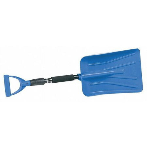 Blue plastic snow shovel with D-handle, foam-grip telescoping shaft and wide scoop