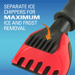 Close-up detail of SubZero ice scraper showing separate ice chippers and flex blade on a blue gradient background.