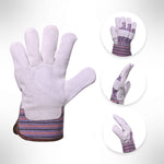 Large suede-palm work glove with three circular inset images showing additional angle views of the glove and cuff
