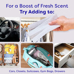 Collage of suggested uses showing dryer sheets with small photos of a car interior, closet, suitcase, gym bag and drawer compartments.