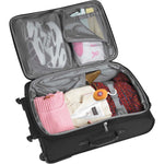 Open suitcase packed with clothing and a visible orange Arm & Hammer clip deodorizer attached to a strap inside the luggage.