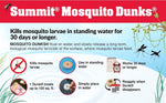 Summit Mosquito Dunks product information panel highlighting 30-day larvicide protection and usage icons.