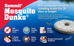 Blue promotional graphic for Summit Mosquito Dunks showing a dunk disk, usage icons, and claims about 30-day control.