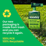 Sunday fertilizer bottle standing in grass beside a green panel proclaiming new packaging made from recycled materials and '100% PCR'.