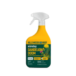 Yellow and green spray bottle labeled Sunday Dandelion Doom ready-to-use weed killer with trigger sprayer and dandelion graphic.
