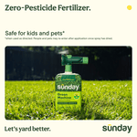 Sunday Green Machine bottle placed upright on a green lawn with headline claiming zero-pesticide fertilizer
