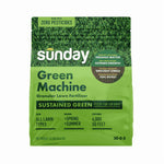Green and dark-green Sunday Green Machine granular lawn fertilizer bag with product name and coverage claims on front