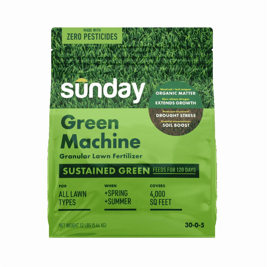 Green and dark-green Sunday Green Machine granular lawn fertilizer bag with product name and coverage claims on front
