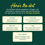 Informational graphic on dark green background explaining fertilizer ingredients like nitrogen, potassium, wood ash, iron, and leaf compost