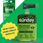 Product graphic showing Sunday Northeast Nutrients Plus bottle and packaging with a yellow starburst reading 'New look, same great results'.