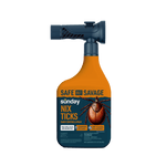 Orange and blue Sunday Nix Ticks yard control spray bottle with hose-on spray attachment and tick illustration