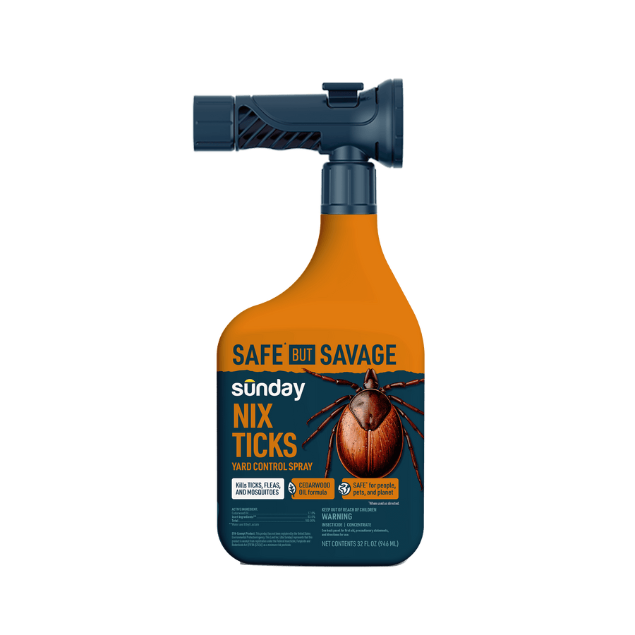 Orange and blue Sunday Nix Ticks yard control spray bottle with hose-on spray attachment and tick illustration