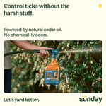 Hand holding a hose-on spray applicator with a Sunday Nix Ticks bottle spraying into leafy bushes, headline about controlling ticks