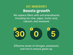 Green infographic showing N-P-K values with headline ‘Boosts growth’ and callout about soil amendments used