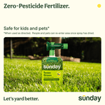 Sunday Texas Green fertilizer bottle placed upright in a grassy lawn with headline text claiming zero-pesticide fertilizer
