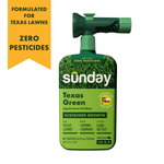 Ready-to-spray Sunday Texas Green lawn fertilizer pouch with green hose sprayer attachment on white background