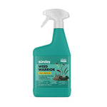 Teal Sunday Weed Warrior spray bottle with white trigger and product label reading Weed Warrior and OMRI listed.