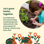 Graphic panel with text about growing better and a circular photo of a child tending a small plant in soil
