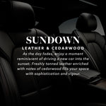 Dark luxury car interior background with large ‘SUNDOWN leather & cedarwood’ product name and descriptive copy