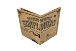 Folded vintage-style instruction leaflet titled “SUNFLOWERS” photographed against a white background.