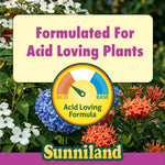 Sunniland graphic with a pH dial and text stating formulated for acid loving plants over flower background.