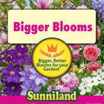 Variety of flowering plants behind a panel reading "Bigger Blooms" with Sunniland logo and badge