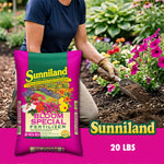 Photo of a gardener kneeling with a Sunniland Bloom Special fertilizer bag prominently displayed in foreground