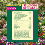 Green product label panel showing Sunniland Bloom Special guaranteed analysis and nutrient breakdown