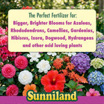 Sunniland logo over colorful azalea, camellia, hibiscus and hydrangea blooms with label text about bigger, brighter blooms.
