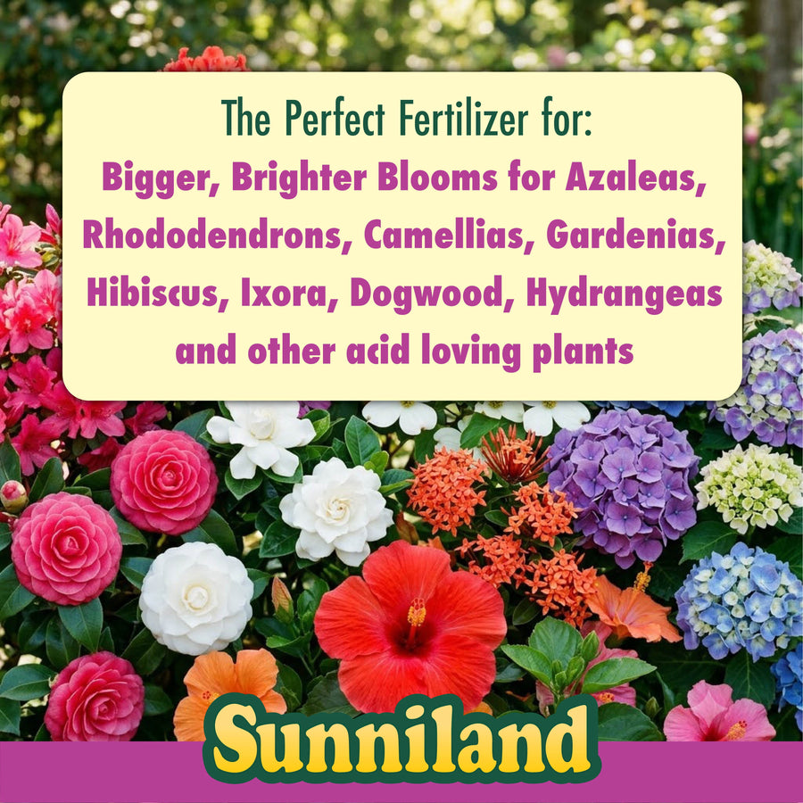 Sunniland logo over colorful azalea, camellia, hibiscus and hydrangea blooms with label text about bigger, brighter blooms.