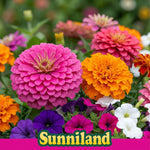 Close-up of vibrant garden flowers including zinnia, marigold and petunia with Sunniland logo strip at bottom