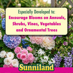 Decorative panel of assorted blooming garden flowers with Sunniland logo and text about encouraging blooms