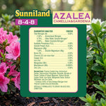 Sunniland product label showing 8-4-8 Azalea Camellia & Gardenia guaranteed analysis nutrition panel.