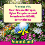 Colorful garden flowers with graphic showing slow-release nutrient icon and Sunniland branding