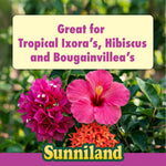Close-up Sunniland panel reading great for tropical ixoras, hibiscus and bougainvillea with pink hibiscus bloom.