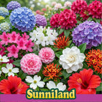 Assortment of colorful acid-loving flowers including hydrangea, azalea, camellia and hibiscus with Sunniland logo.