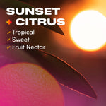 Sunset and citrus themed close-up with an orange, leaves and bright sun alongside text describing scent notes