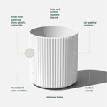 White ribbed Sunside by Veradek planter with infographic callouts highlighting material, drainage and weather resistance