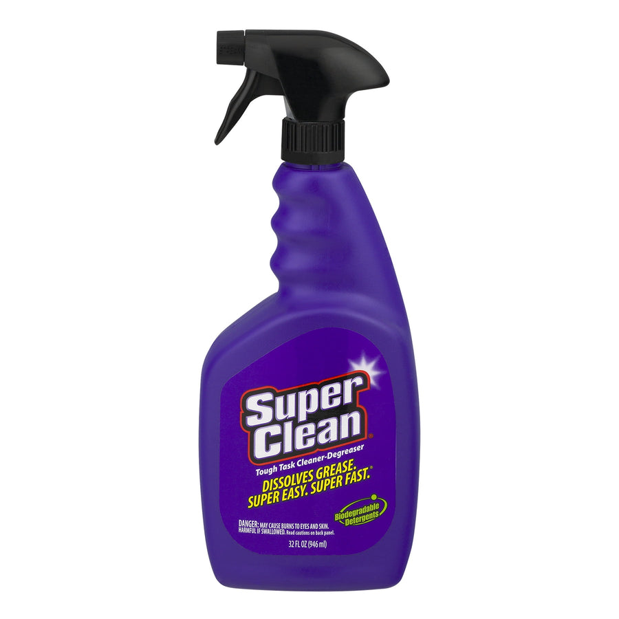 Purple Super Clean spray bottle with black trigger, front label reads Super Clean