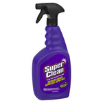 Angled view of purple Super Clean spray bottle with visible front label and black trigger
