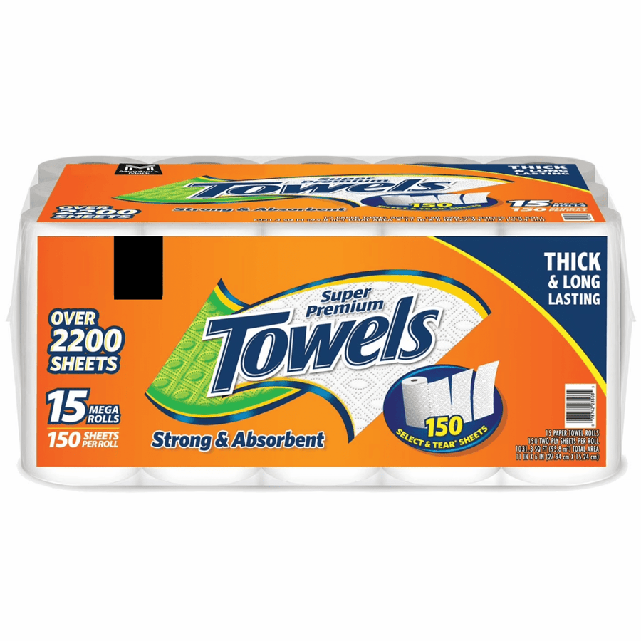 Wrapped pack of Super Premium Towels paper towels with orange packaging showing 15 mega rolls and 150 sheets callout