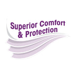 Graphic text 'Superior Comfort & Protection' with layered feather-like swooshes in purple and gray