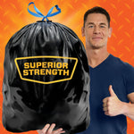 Promotional graphic of a large black tied trash bag labeled 'SUPERIOR STRENGTH' with a man giving a thumbs-up