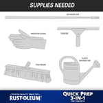 Supplies-needed illustration showing extension pole, gloves, squeegee, push broom and plastic watering can