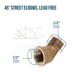 Product infographic of a lead-free 45° street elbow with callouts for 1/2" MIP outer diameter and 1/2" FIP inner diameter