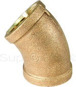 Angled view of a textured brass 45-degree elbow plumbing fitting showing one threaded opening and molded casting marks.